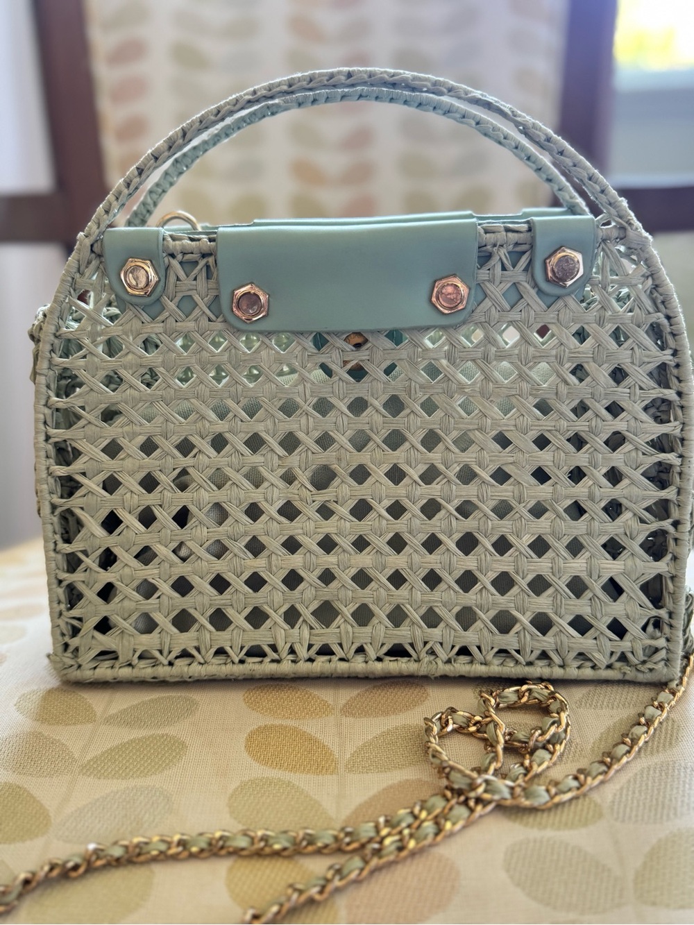 House of Harlow 1960 Gold and Pale Green Woven Crossbody Shoulder Clutch - Picture 3 of 12